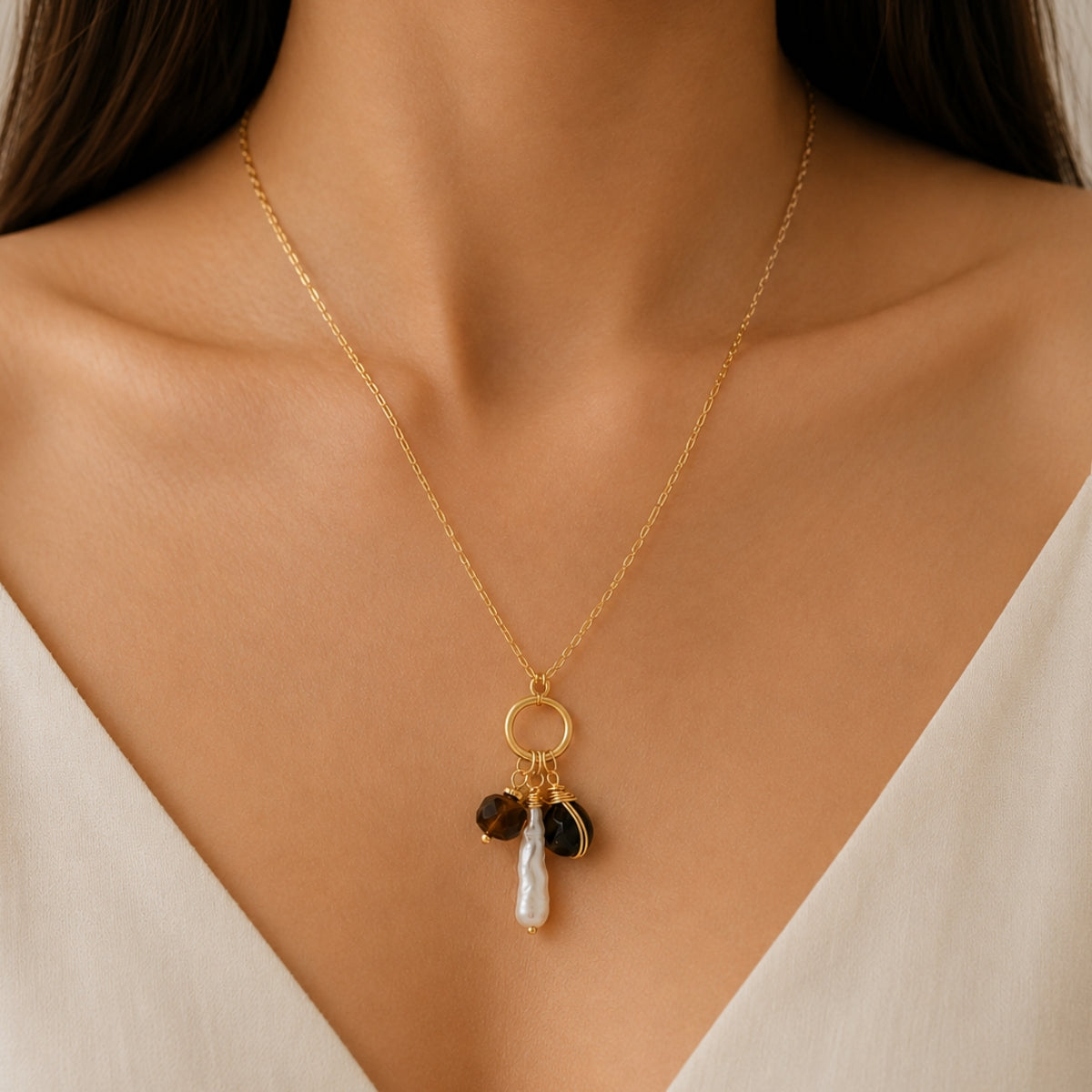 Black Onyx Pearl & Tiger's Eye Charm Necklace