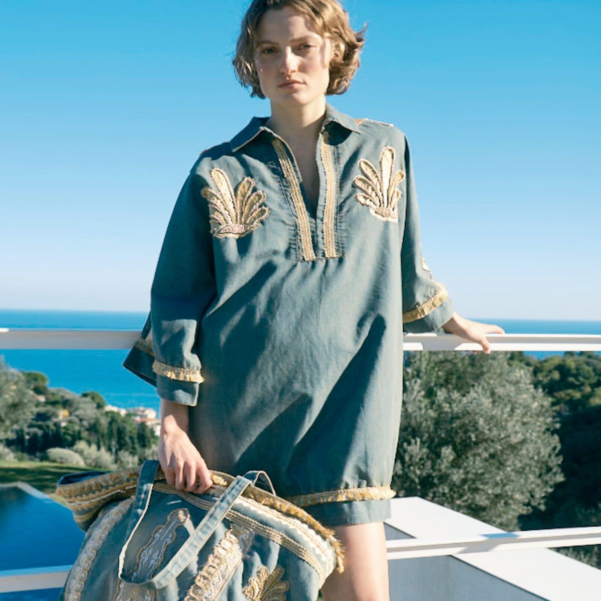 Buy Alex.Max Denim Shell Embroidered Kaftan Online for Women | Free 3-Hour Delivery in Dubai | Boom & Mellow UAE