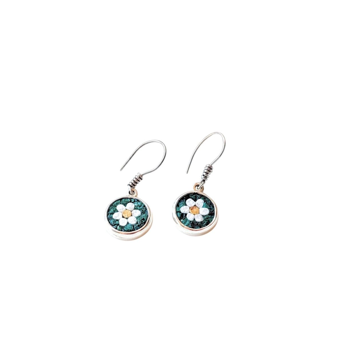 Narcissus Flower Earrings Micro Mosaic Jewelry Made of 925 Silver