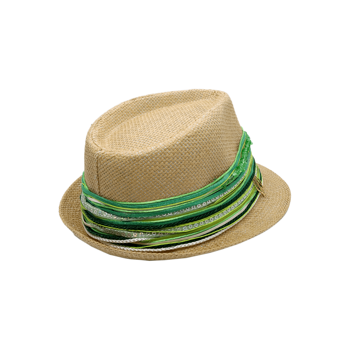 Green fedora hat inspired by meadow hues, perfect for spring or garden-themed outfits.