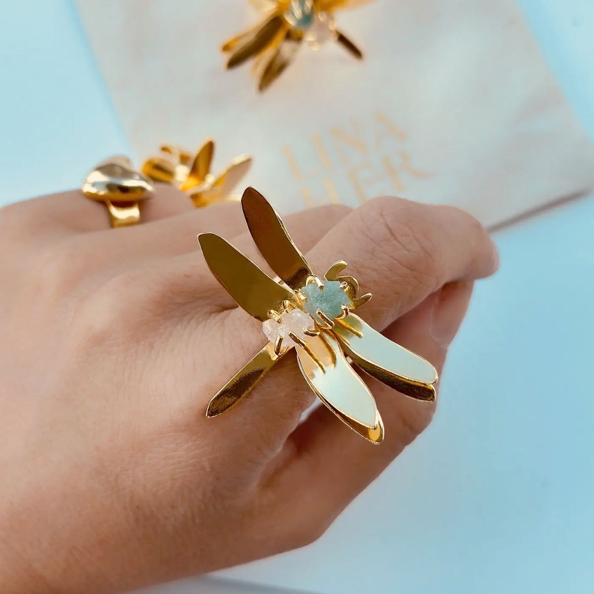 Lina Hernandez Sara Dragonfly Ring with Emerald and Rose Quartz