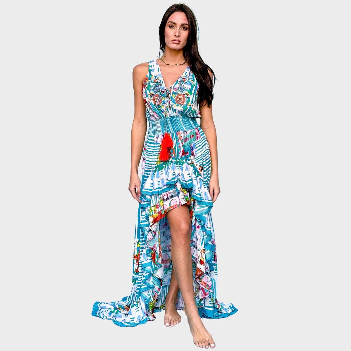 Antica Sartoria Mediterranean Town Print Hi-Low Dress