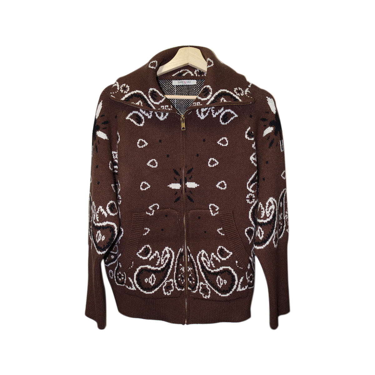 You & Eye Brown Bandana Paisley Pattern Zip Sweater