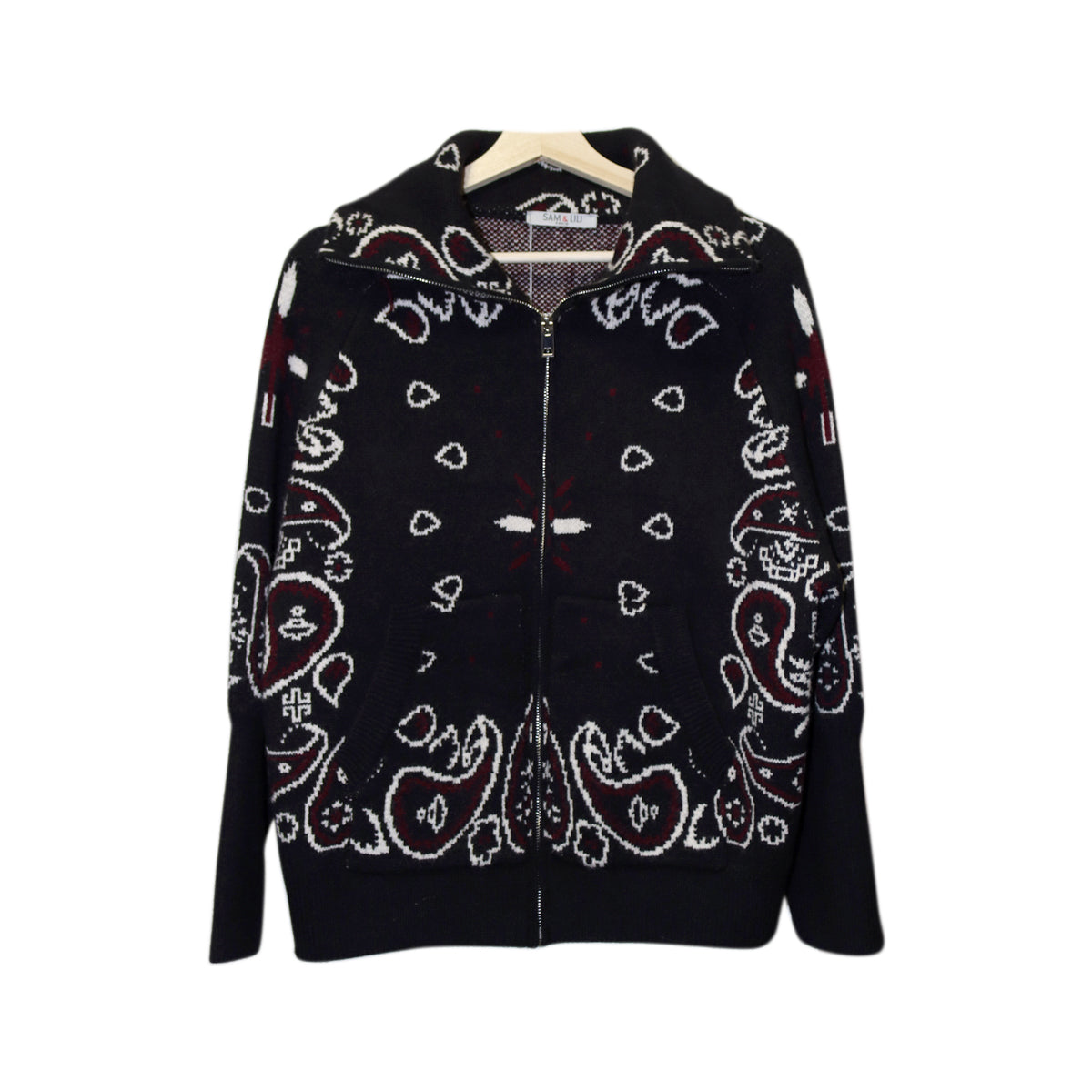 You & Eye Black Bandana Paisley Pattern Zip Sweater