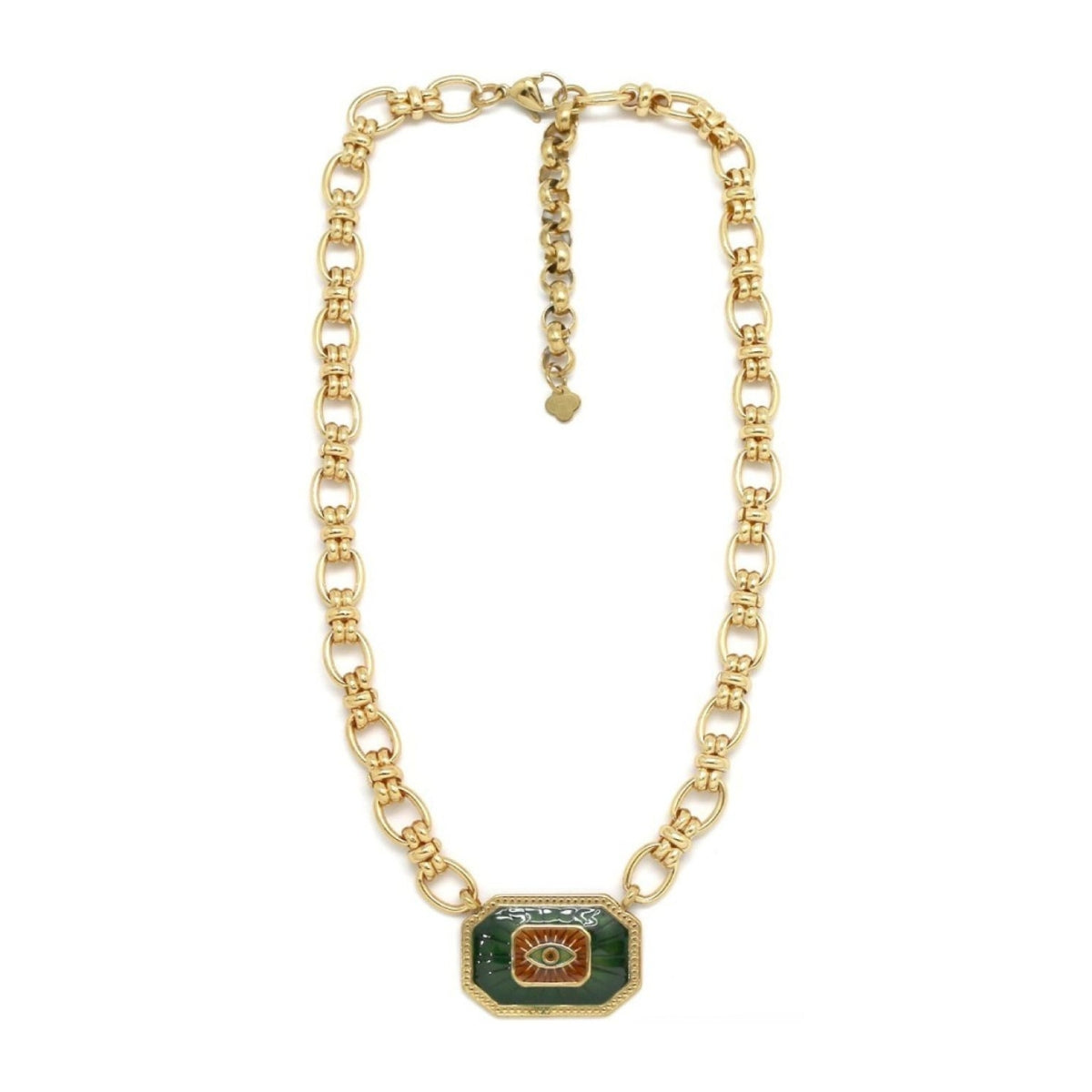 The Sisters Dubai Green Evil Eye Octagon Pendant Chunky Link Chain Necklace