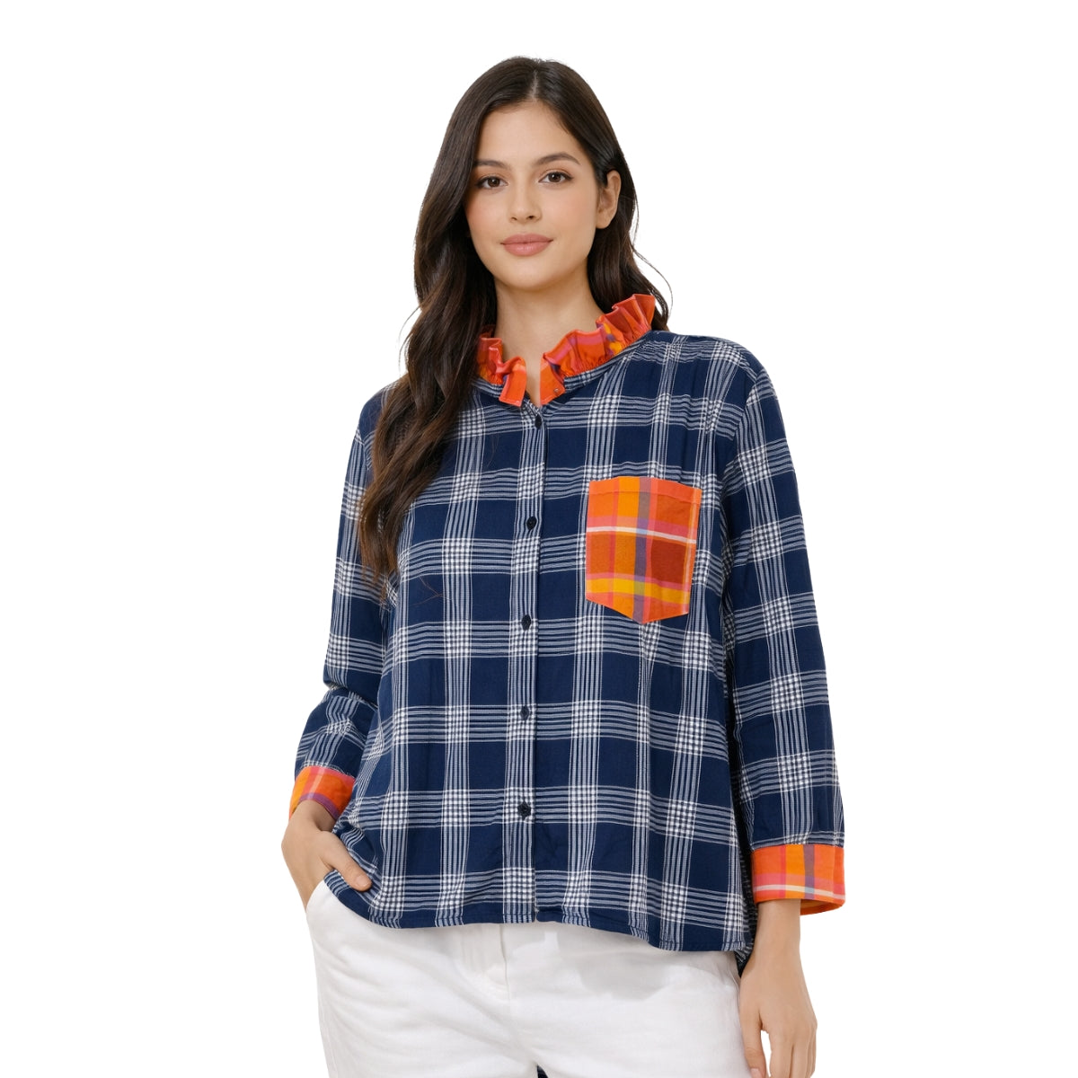 Sam & Lili Navy Blue Plaid Ruffle Collar Shirt