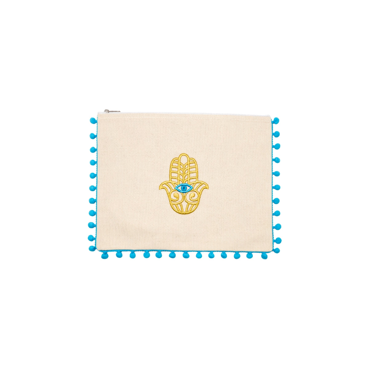 Mellow Embroidered Hamsa Canvas Pouch with Blue Pom Poms
