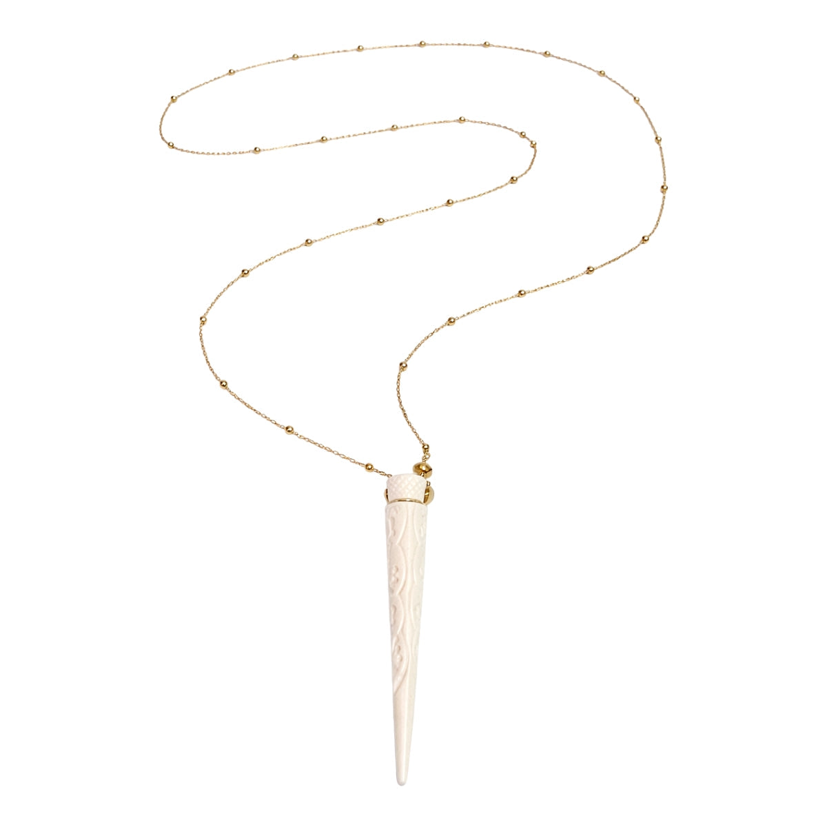 Lara Carved White Horn Pendant Necklace in Gold Beaded Chain