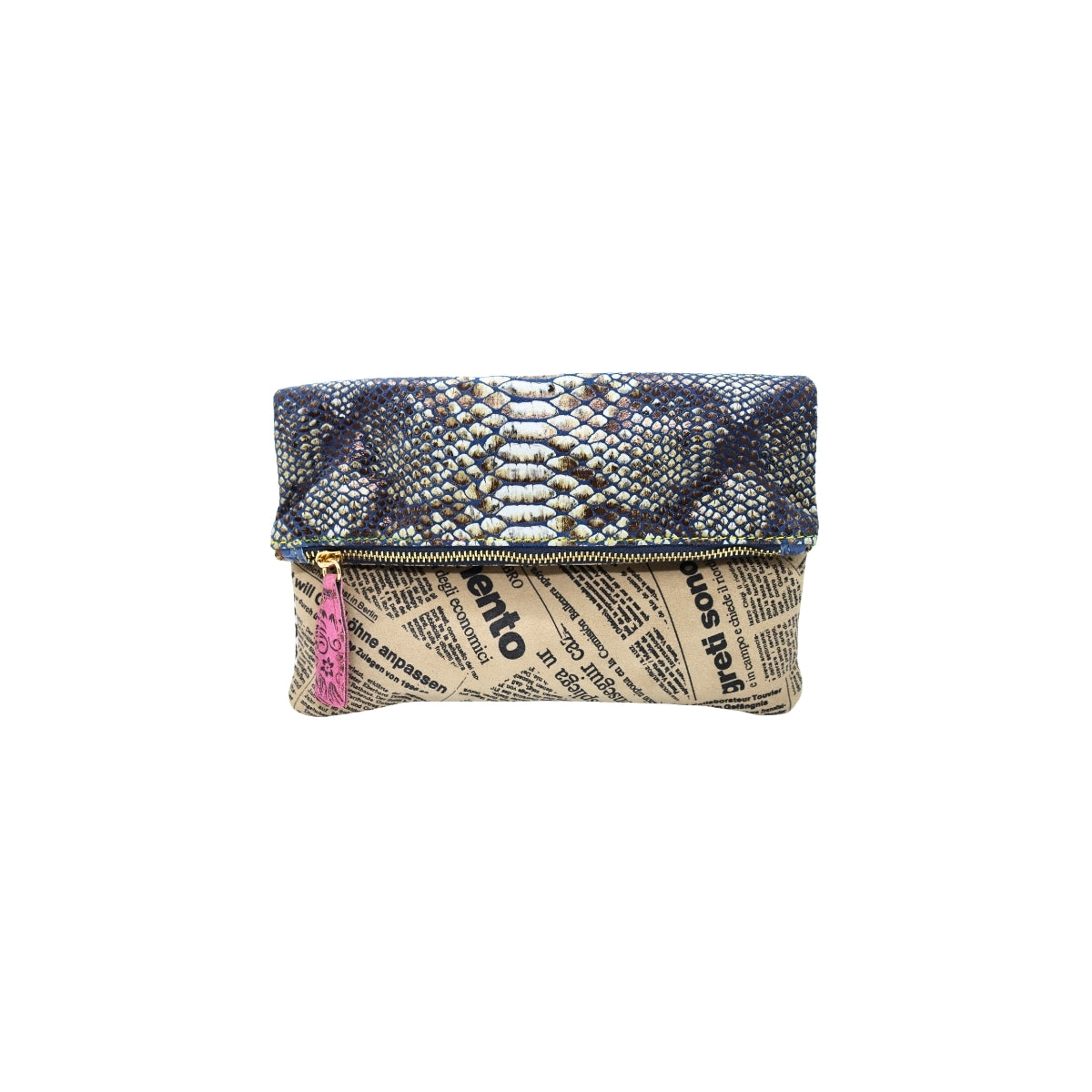 Ebarrito Bold Snakeskin and Newspaper Print Leather Clutch