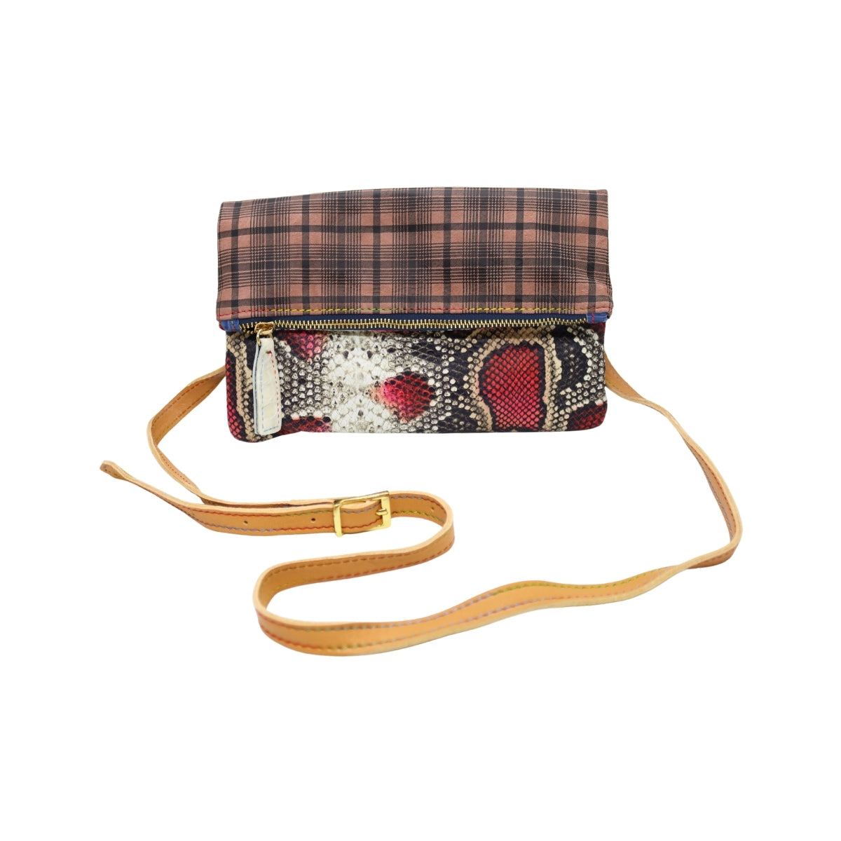 Snake Print and Plaid Leather Clutch
