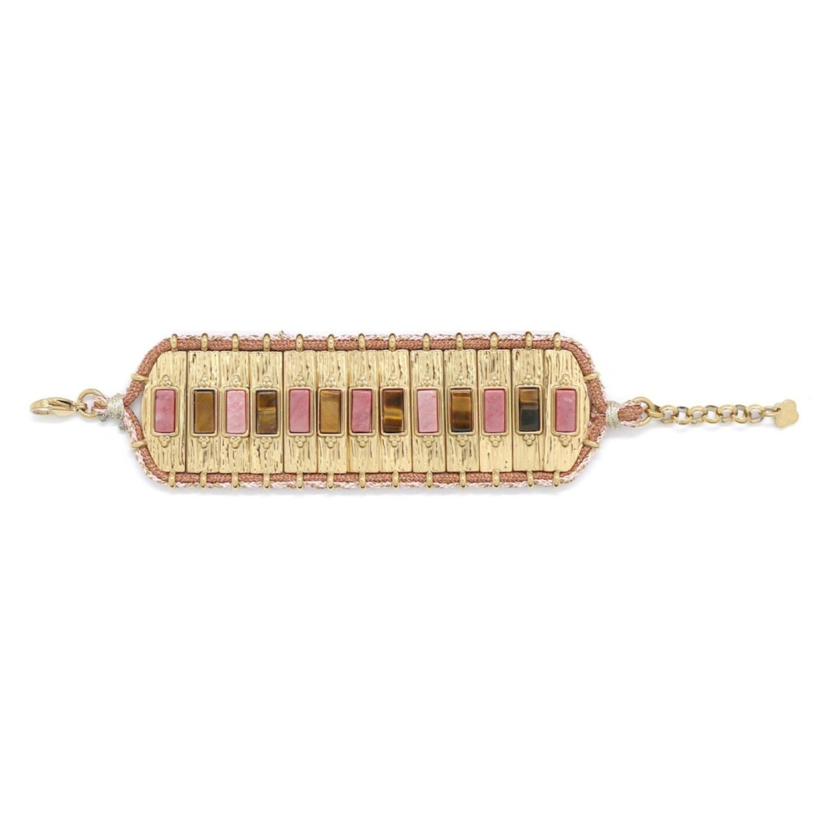 The Sisters Dubai Pink & Tiger Eye Tiled Stone Gold Wide Bracelet