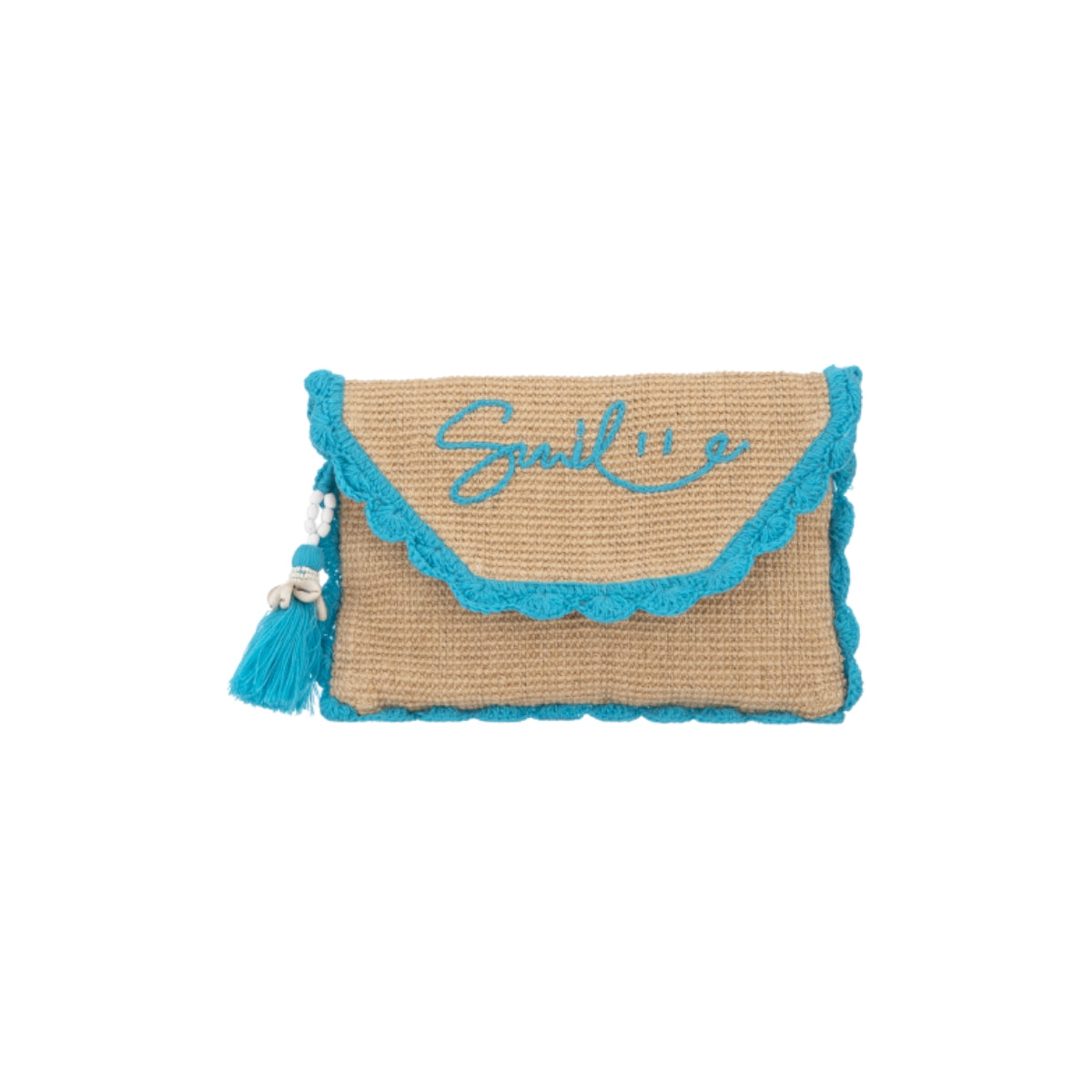 Alex.Max Smile Embroidered Jute Clutch with Tassel
