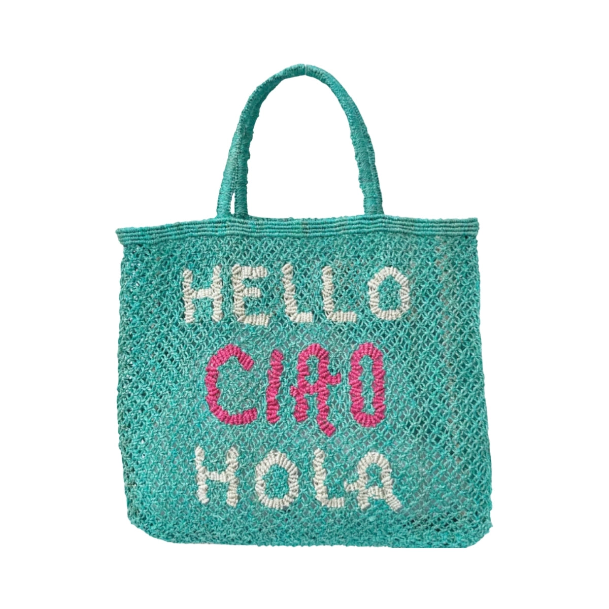 The Jacksons Bags Large Aqua Hello Ciao Hola Jute Tote Bag