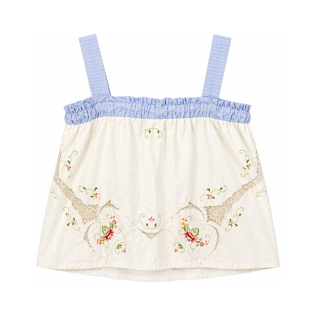 RELAX RE-LUX Cream Floral Vintage Embroidery Drawstring Top