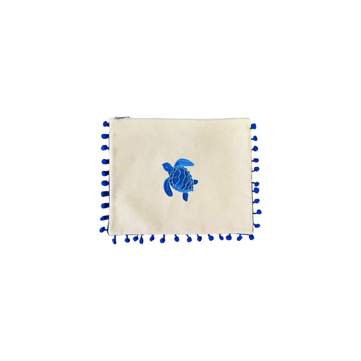 Mellow Canvas Blue Pom Pom Pouch with Embroidered Sea Turtle
