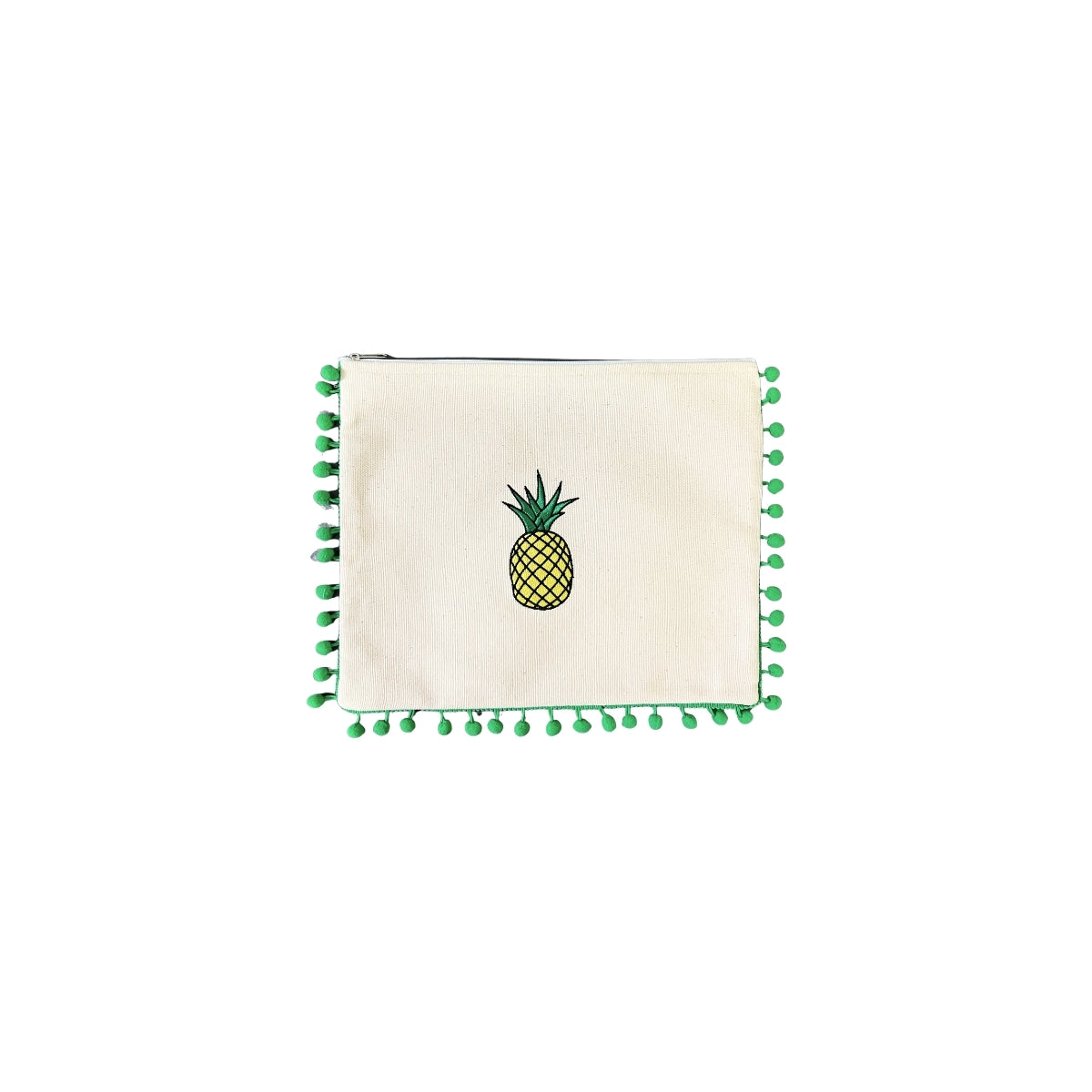 Mellow Canvas Green Pom Pom Pouch with Embroidered Pineapple