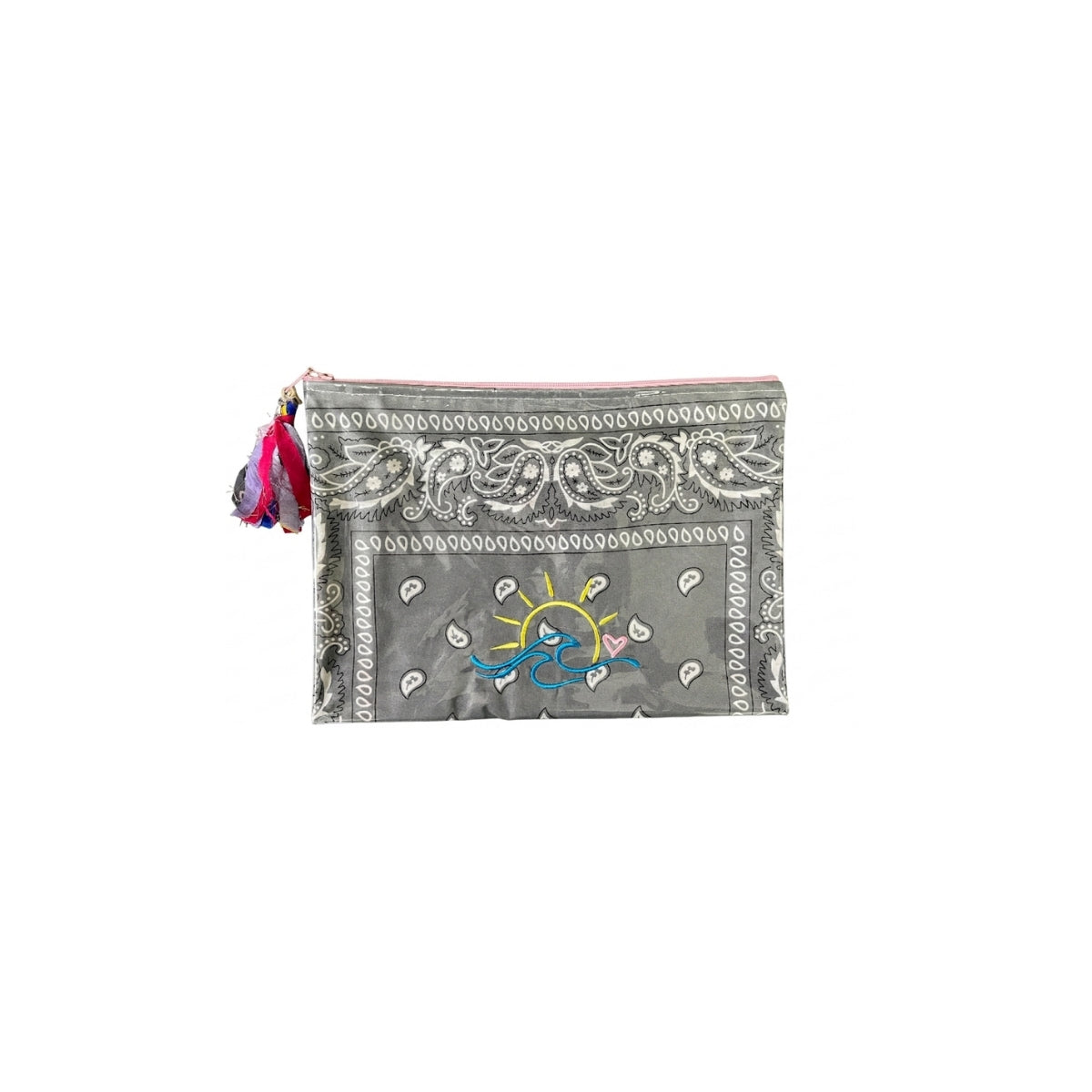 Mellow Grey Bandana PVC Pouch with Embroidered Sun and Waves
