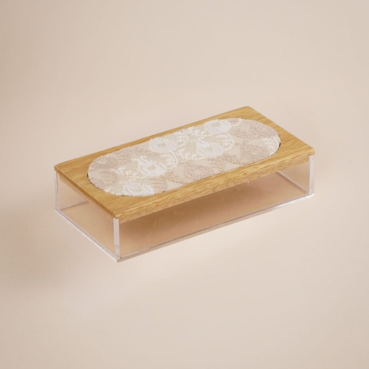 JRD Home Beige Traditional Embroidered Wooden Lid Small Rectangle Plexi Box