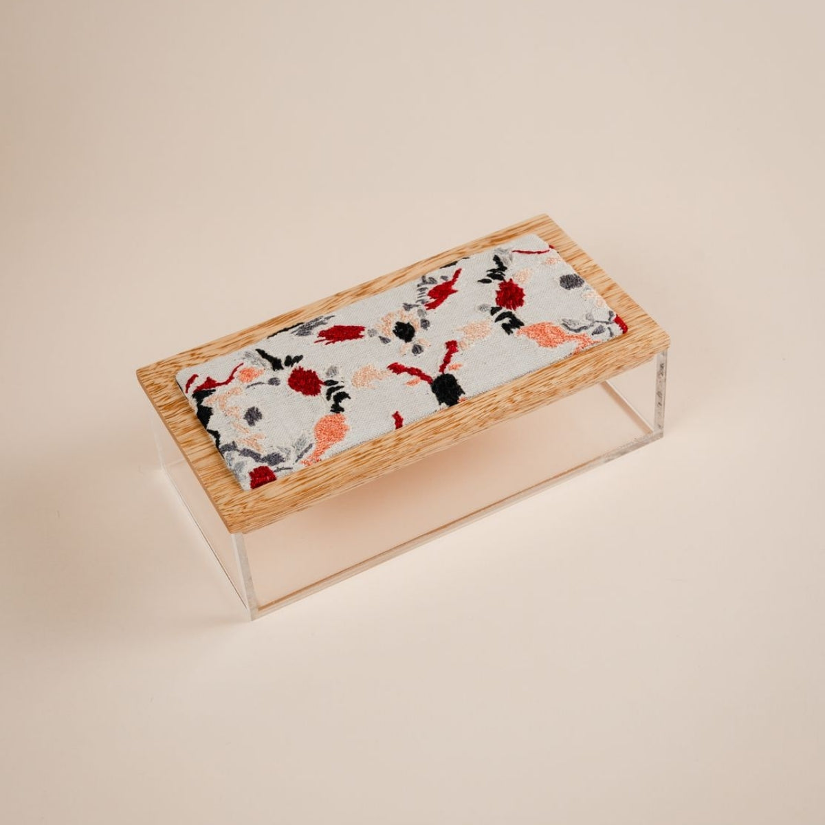 JRD Home Embroidered Floral Small Rectangle Plexi Box with Wooden Lid