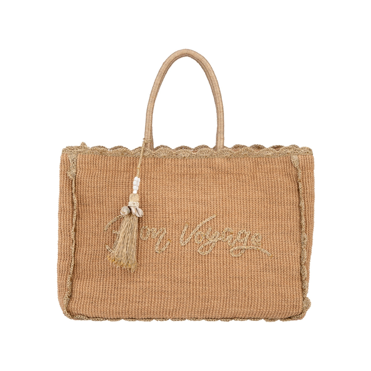 Alex.Max Gold Bon Voyage Embroidered Jute Beach Bag with Tassel