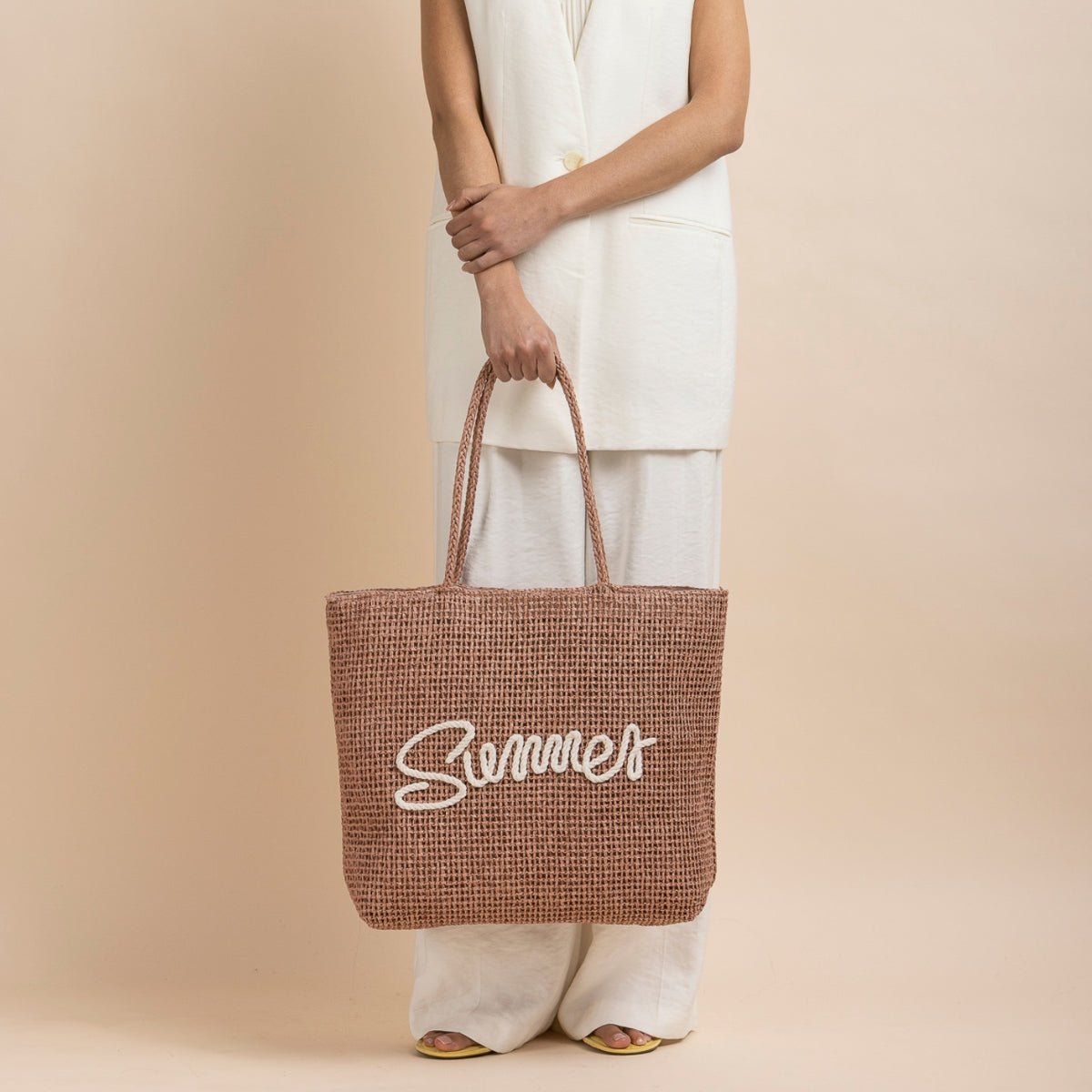 Dusty Rose Summer Embroidered Braided Beach Bag
