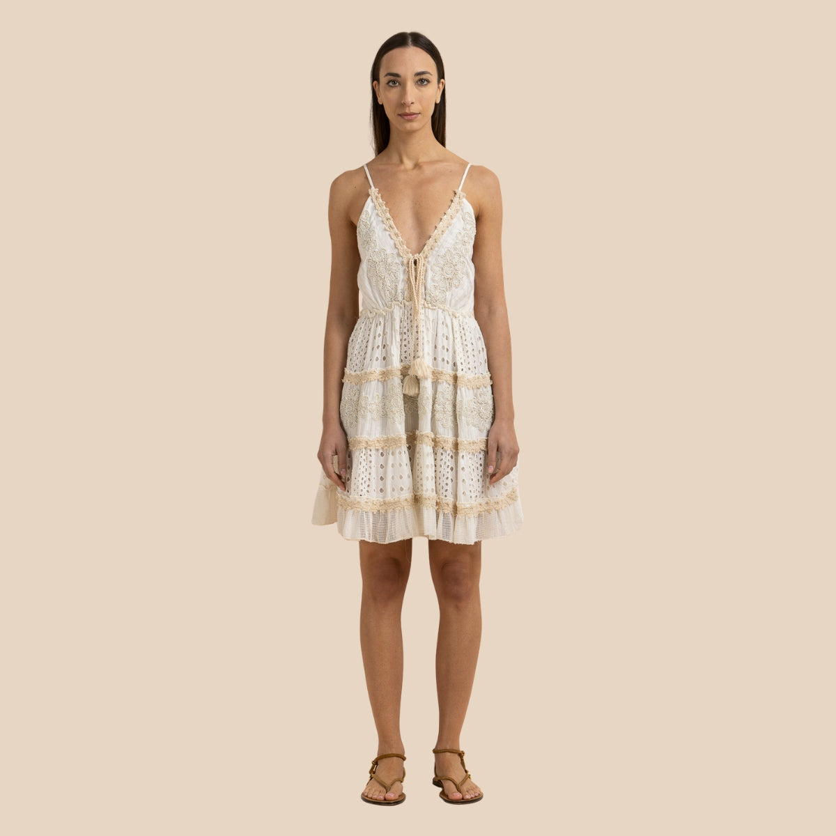 Alex.Max White Eyelet Lace Boho Mini Dress with Tassel Ties