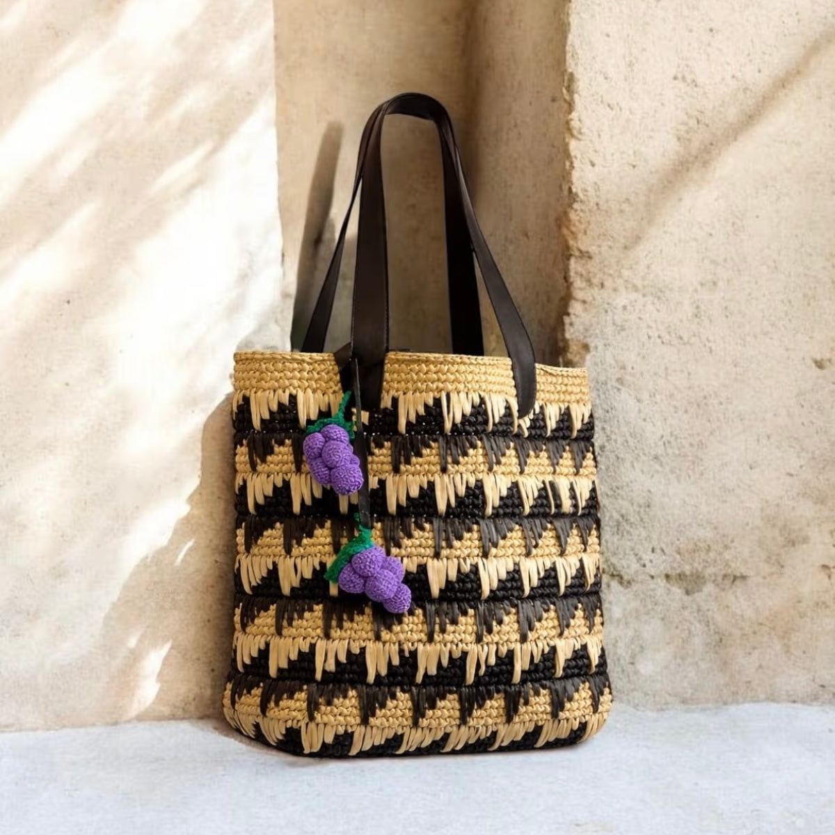 Checkered Raffia Tote Bag with Grapes Charm