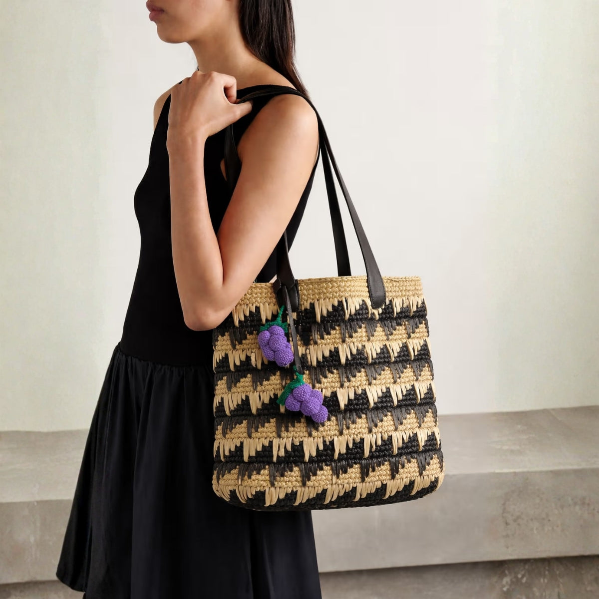 Checkered Raffia Tote Bag with Grapes Charm