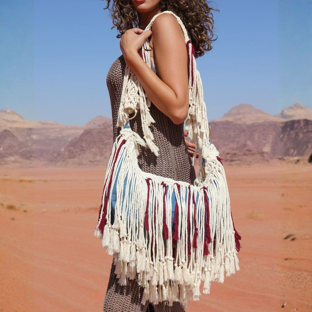 Basma Collection White and Maroon Large Macrame Cross Body Bag