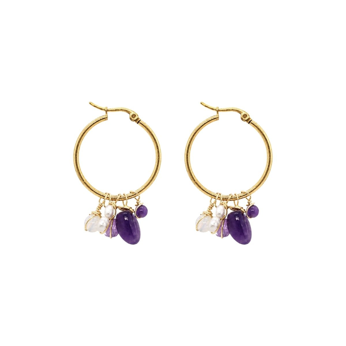 Dangling Amethyst Gemstone and Pearl Charm Hoop Earrings