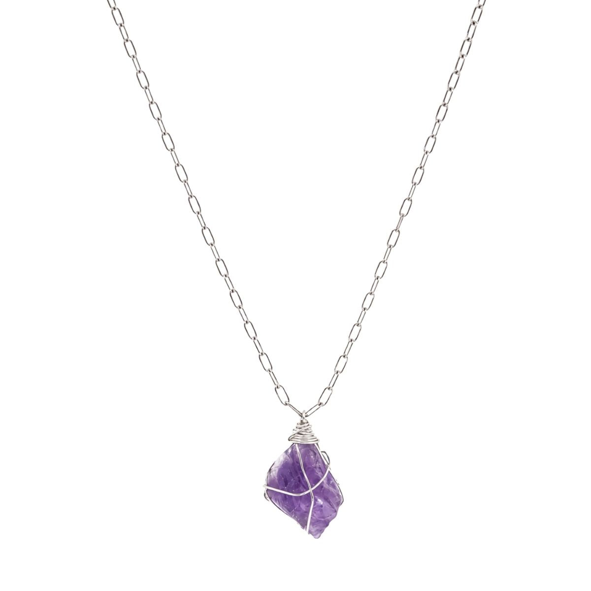 Raw Amethyst Wire Wrapped Silver Necklace