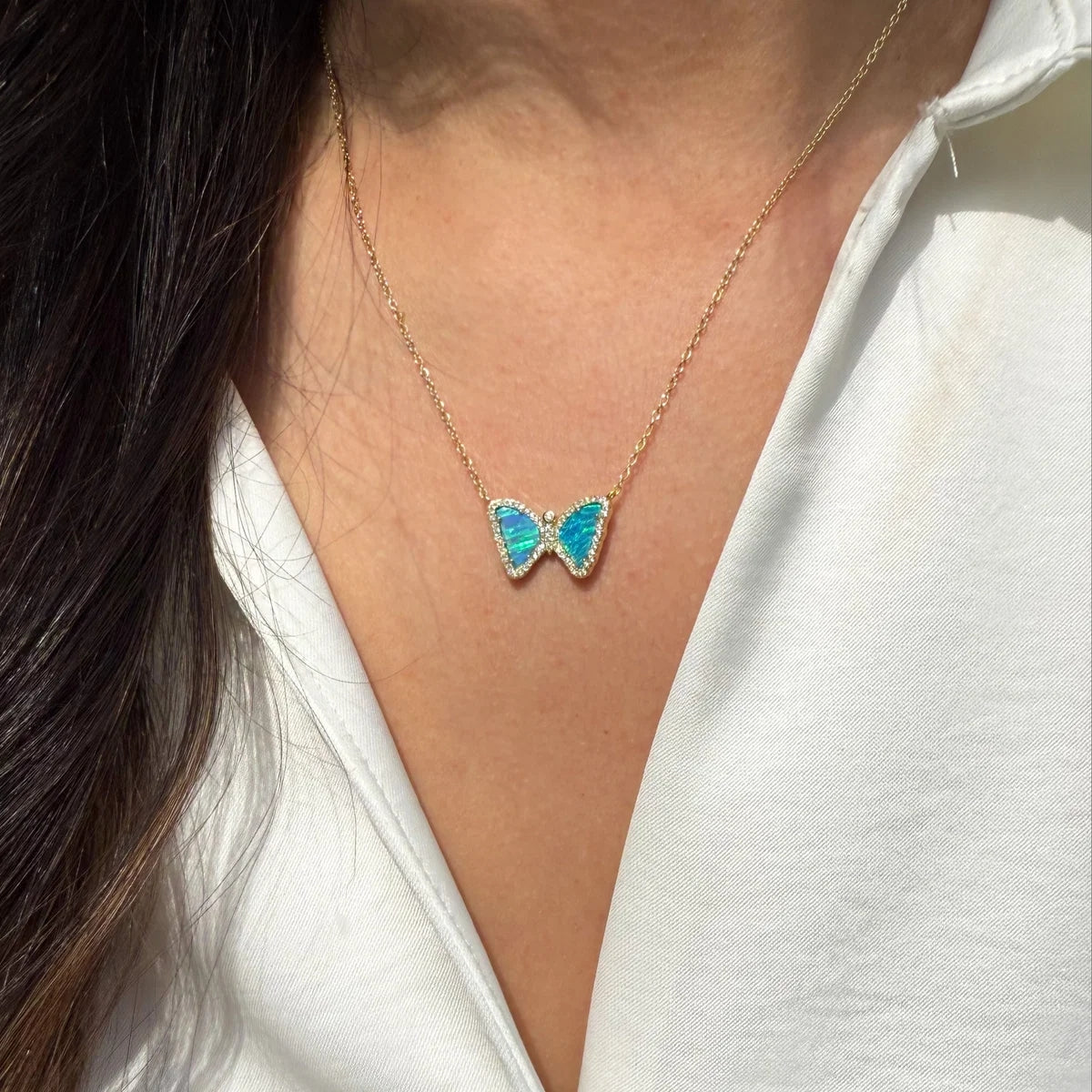 Blue Green Opal Mini Butterfly Necklace