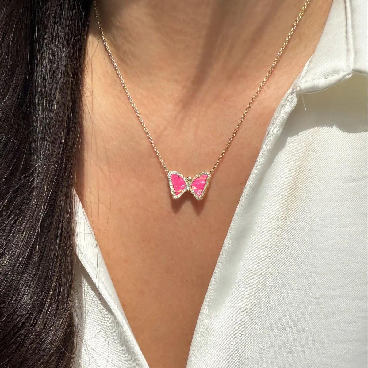 Mini Hot Pink Opal Butterfly Necklace