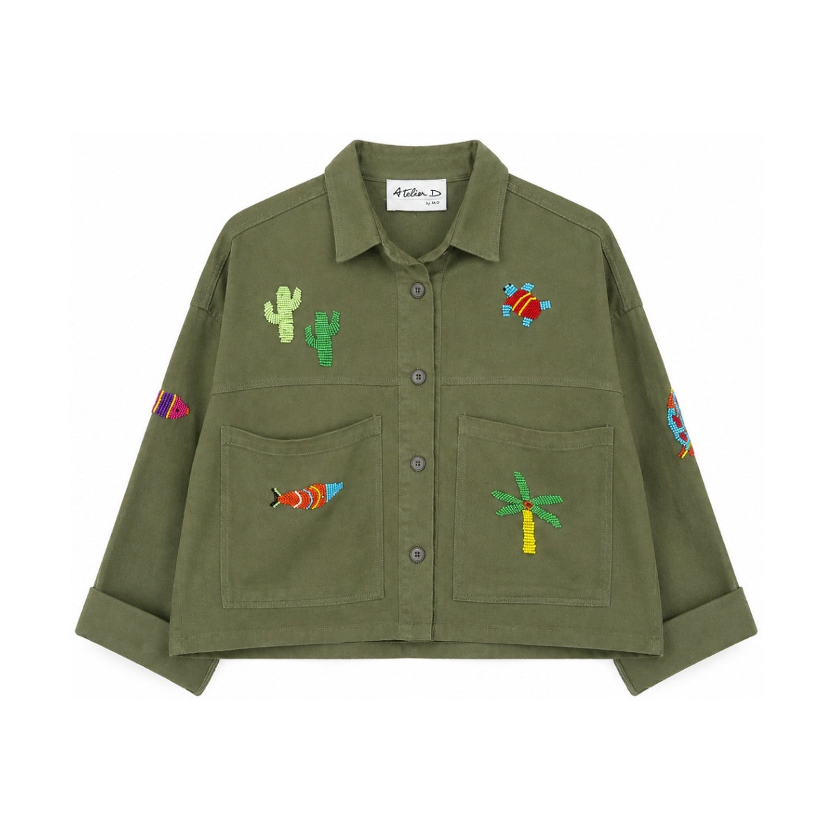Boutique Flo Coastal Beaded Motifs Embroidered Olive Green Jacket