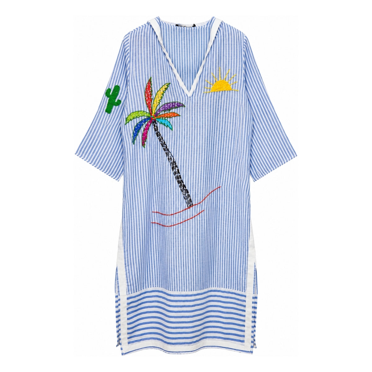 Boutique Flo Palm Tree Embroidered Yarn Blue Striped Hooded Kaftan