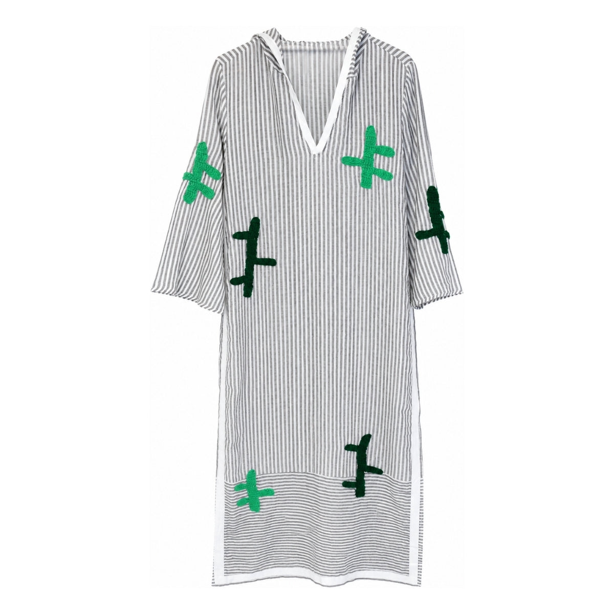 Boutique Flo Viva La Vida Embroidered Yarn Grey Striped Hooded Kaftan