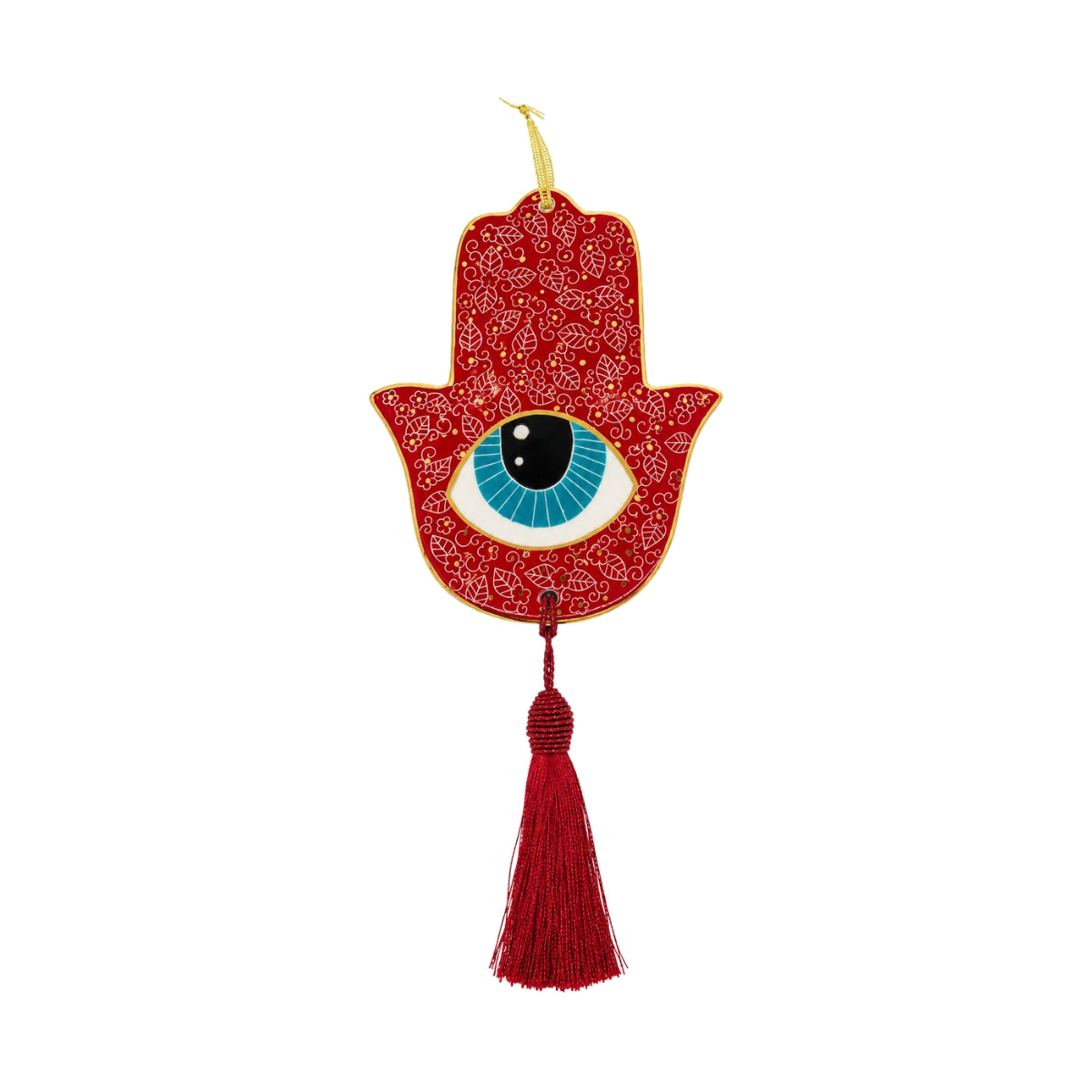 Noorena Crimson Glitter Hamsa Evil Eye Ceramic Wall Hanging with Tassel