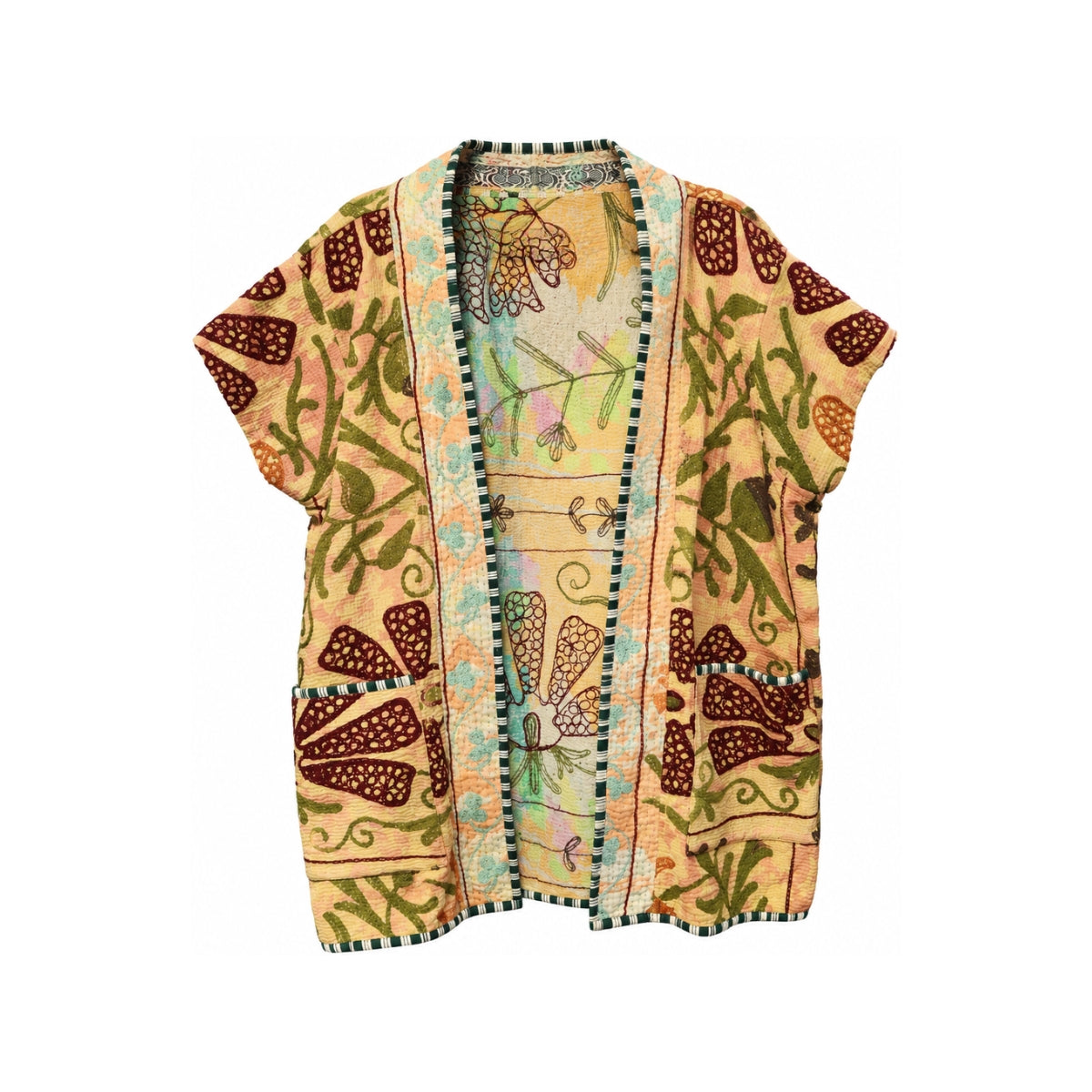 You & Eye Vintage Mustard Yellow Exotic Blooms Quilted Kantha Vest with Pockets