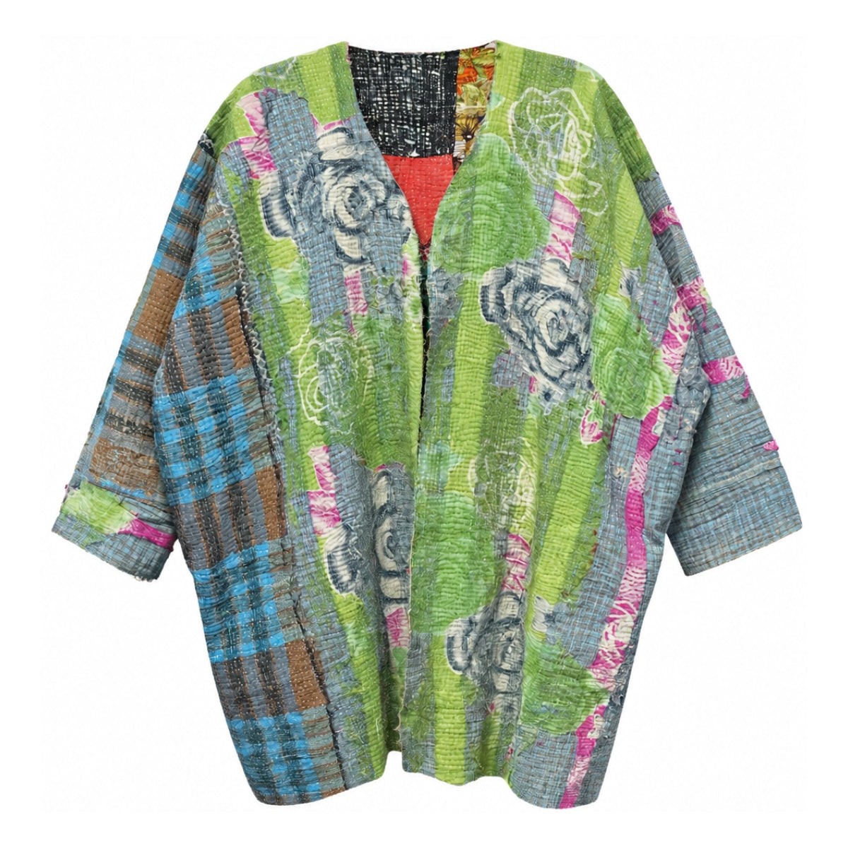 You & Eye Vintage Green & Blue Roses Quilted Kantha Patchwork Reversible Long Jacket