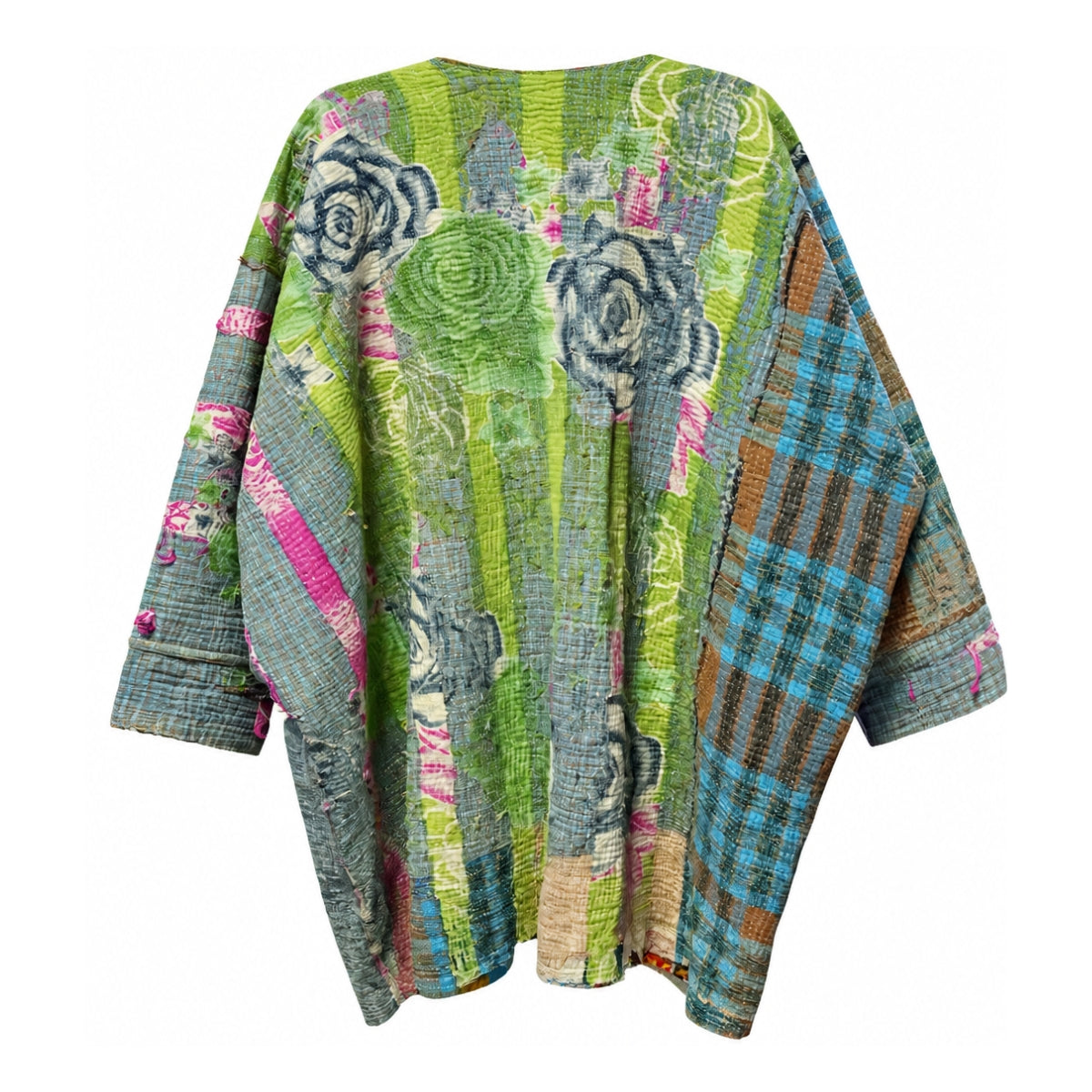 Vintage Green & Blue Roses Quilted Kantha Reversible Jacket