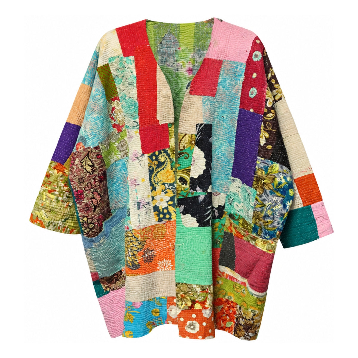 Vintage Green & Blue Roses Quilted Kantha Reversible Jacket