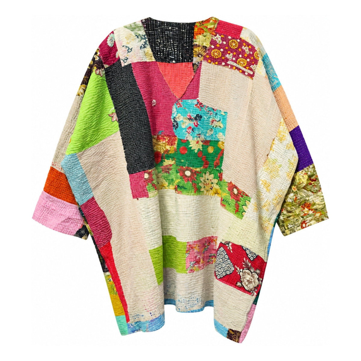 Vintage Green & Blue Roses Quilted Kantha Reversible Jacket