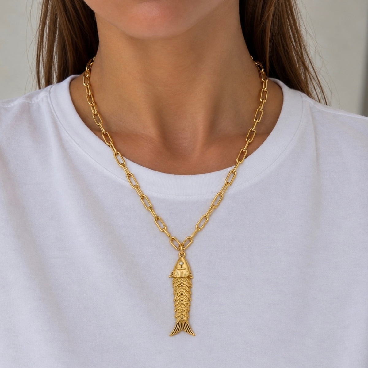 Gold Fish Paperclip Chain Necklace