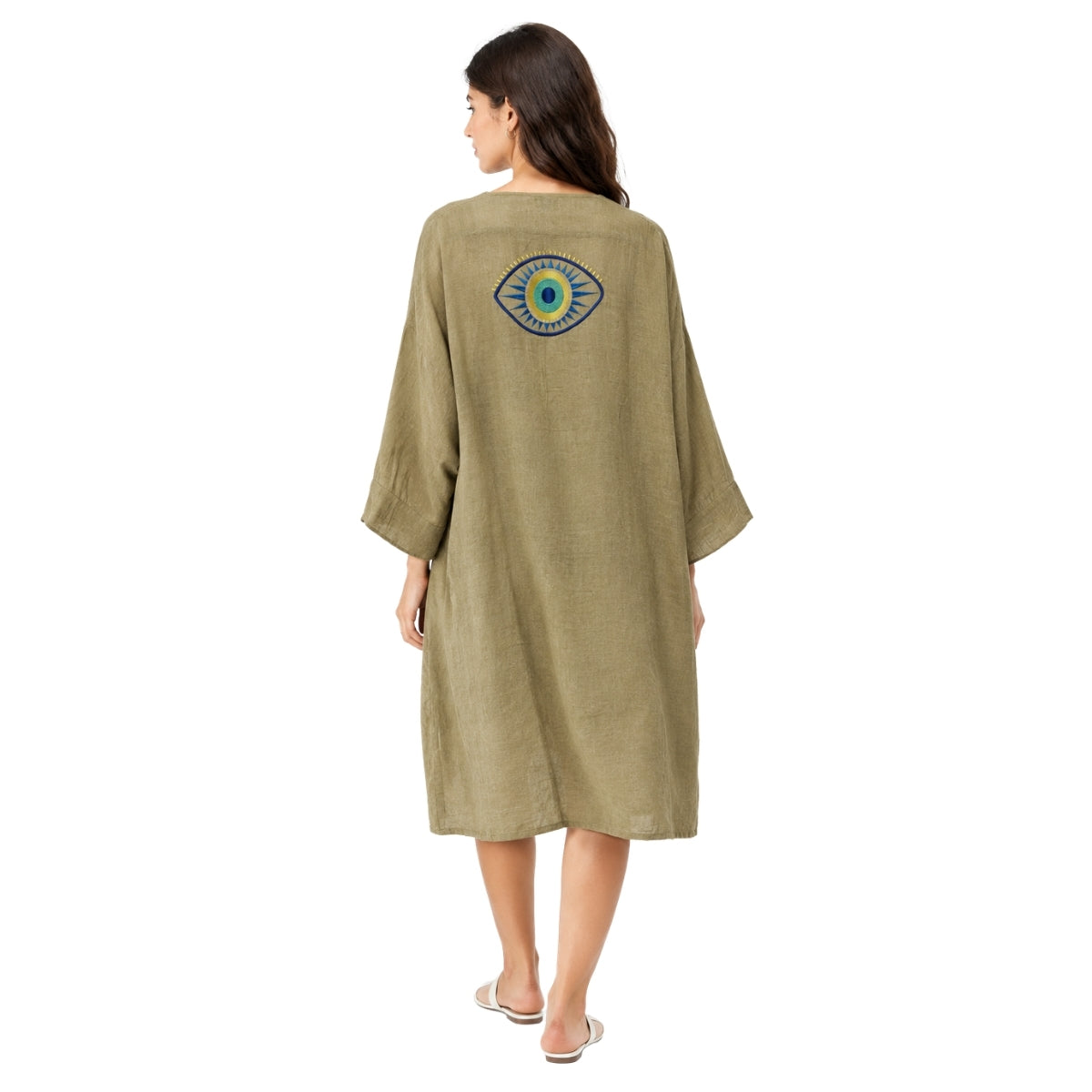 Mellow Olive Green Evil Eye Embroidered Kimono | Boom & Mellow