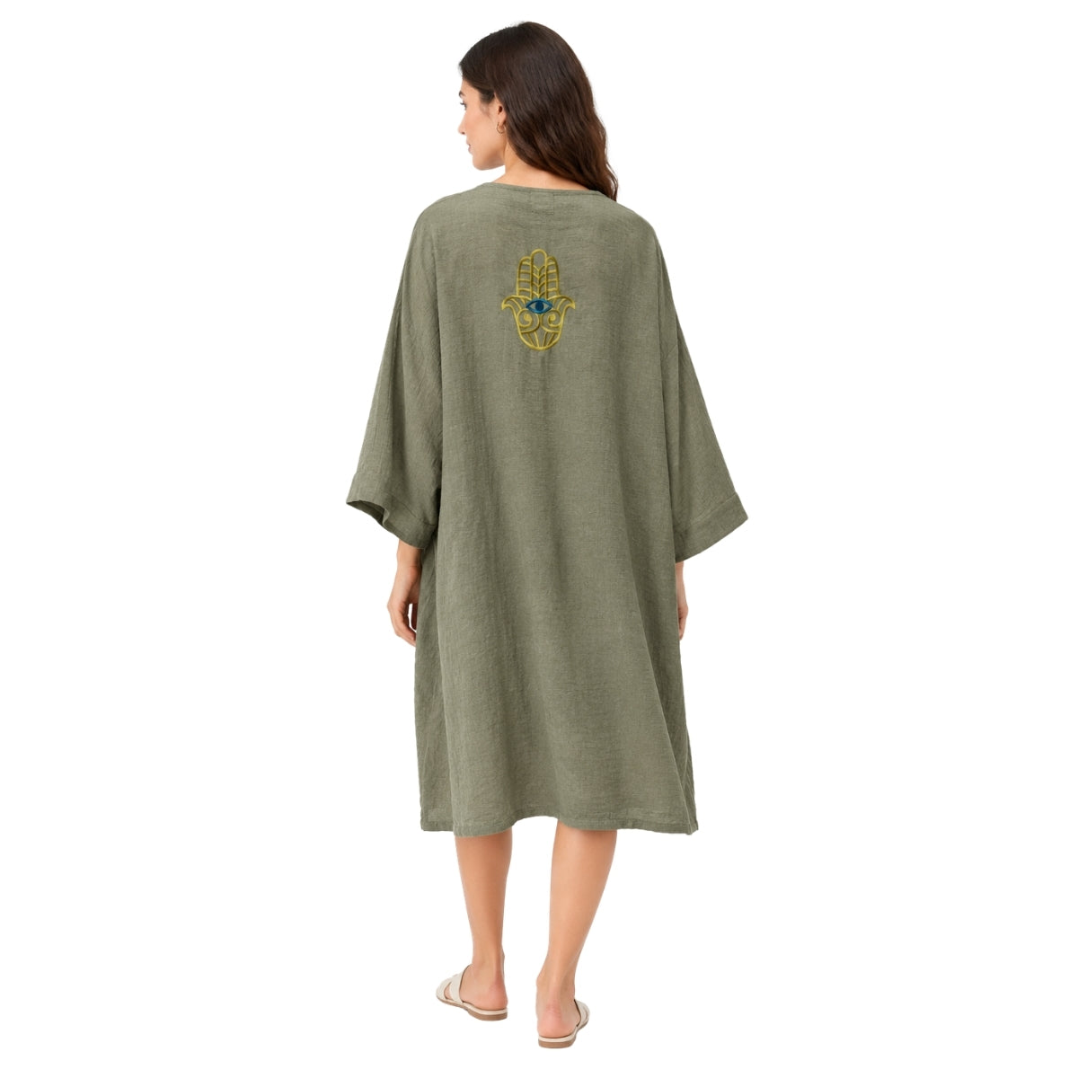 Mellow Sage Green Hamsa Hand Embroidered Kimono | Boom & Mellow