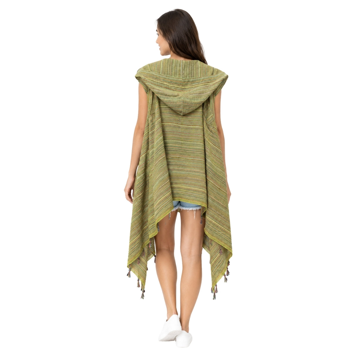 Mellow Olive Green Striped Hooded Poncho | Boom & Mellow