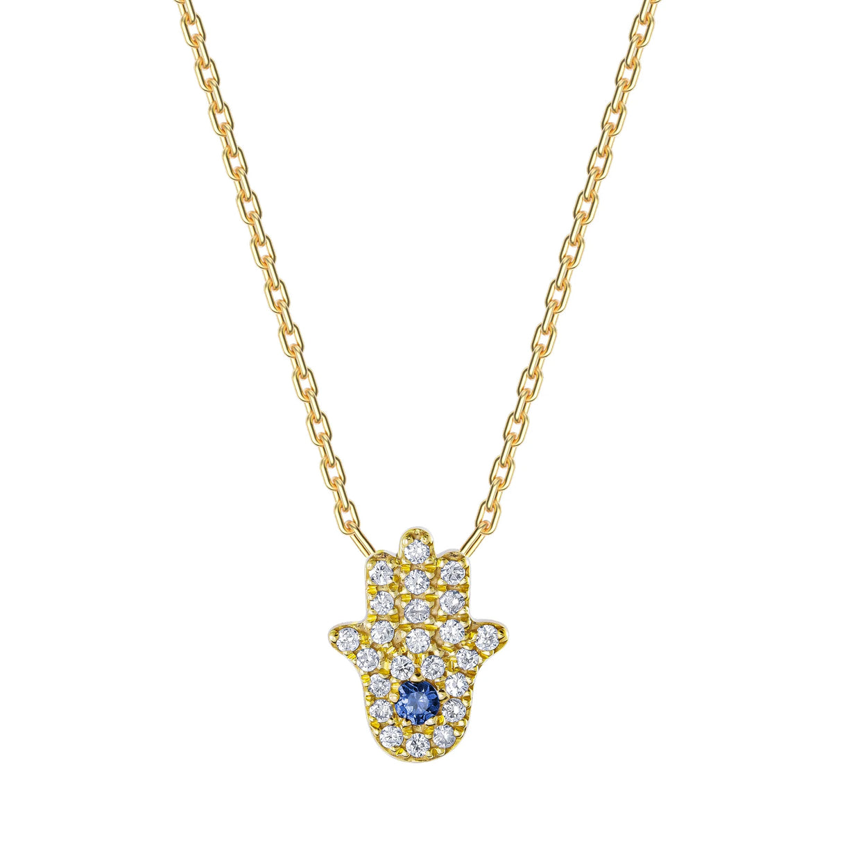 Kefi Jewelry 18k Yellow Gold Pave Hamsa Blue Sapphire Necklace
