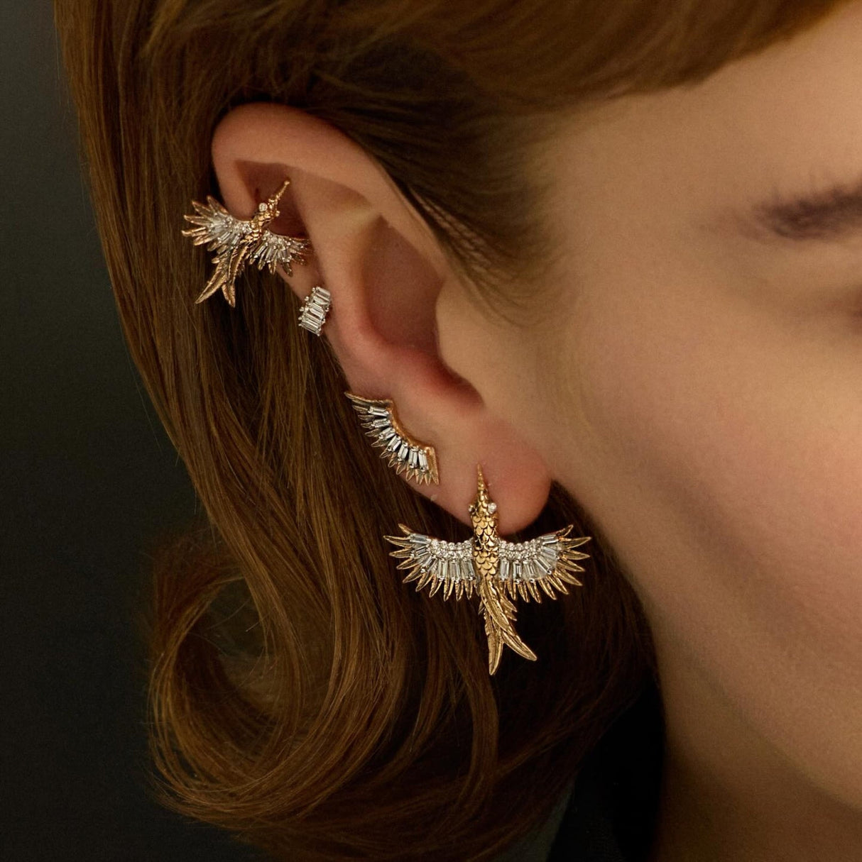 Kismet by Milka 18k Rose Gold Small Phoenix Earring with White Diamond at Boom & Mellow