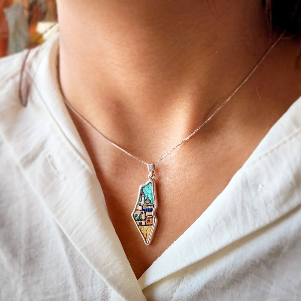 Old City Palestine Map Necklace Micro Mosaic Jewelry Made of 925 Silver