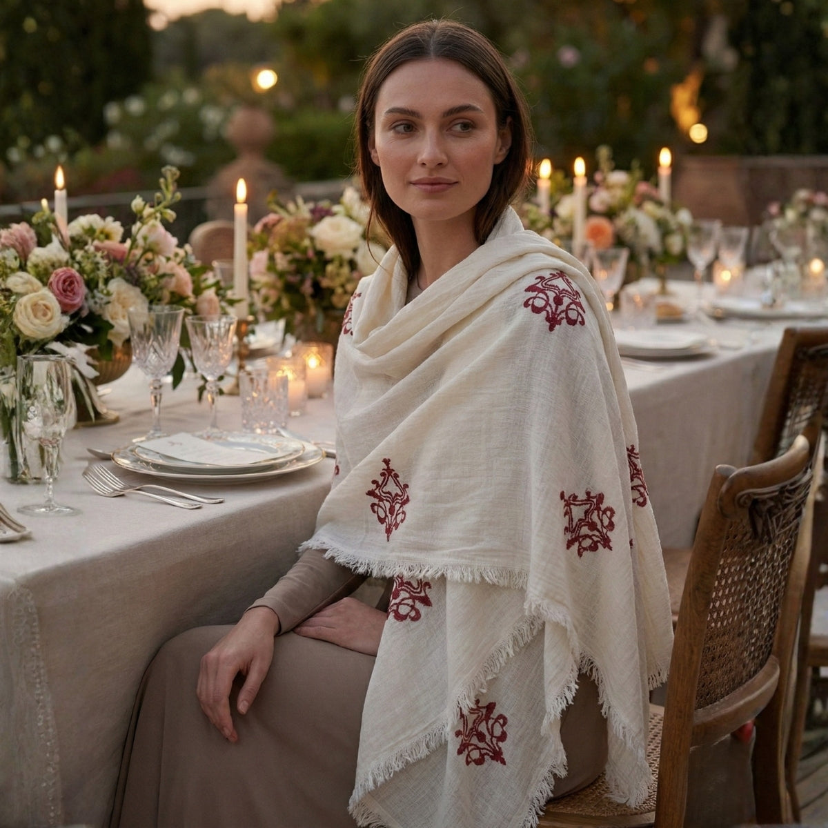Woman sitting at a decorated outdoor dinner table with floral arrangements and candles wearing a white shawl with intricated printed patterns.